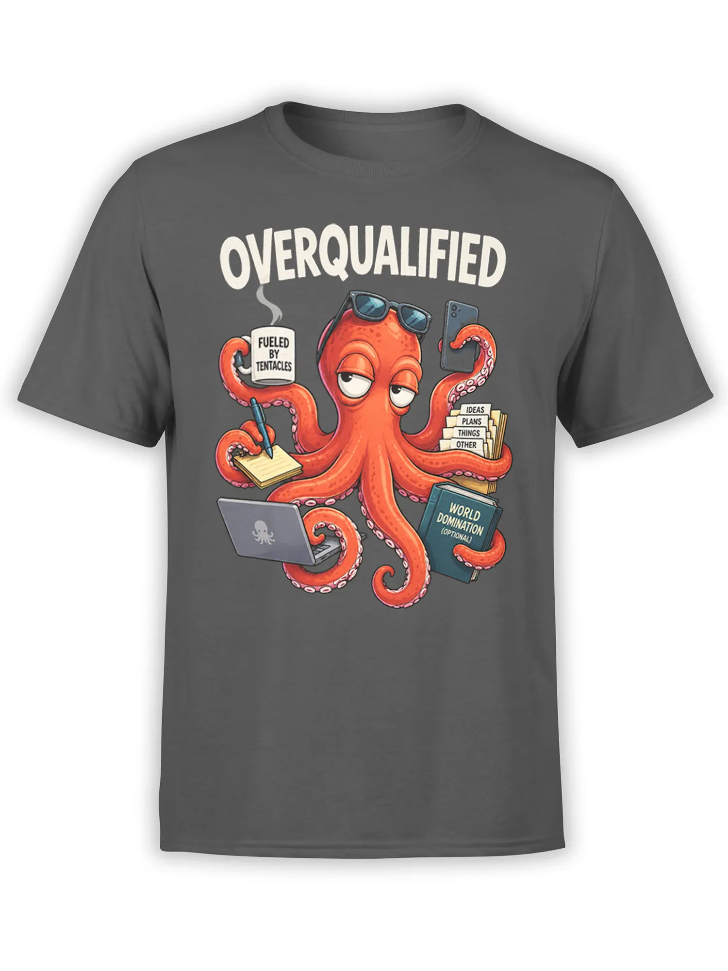 Gray octopus graphic T-shirt with sunglasses, coffee, laptop, folders, and bold Overqualified text