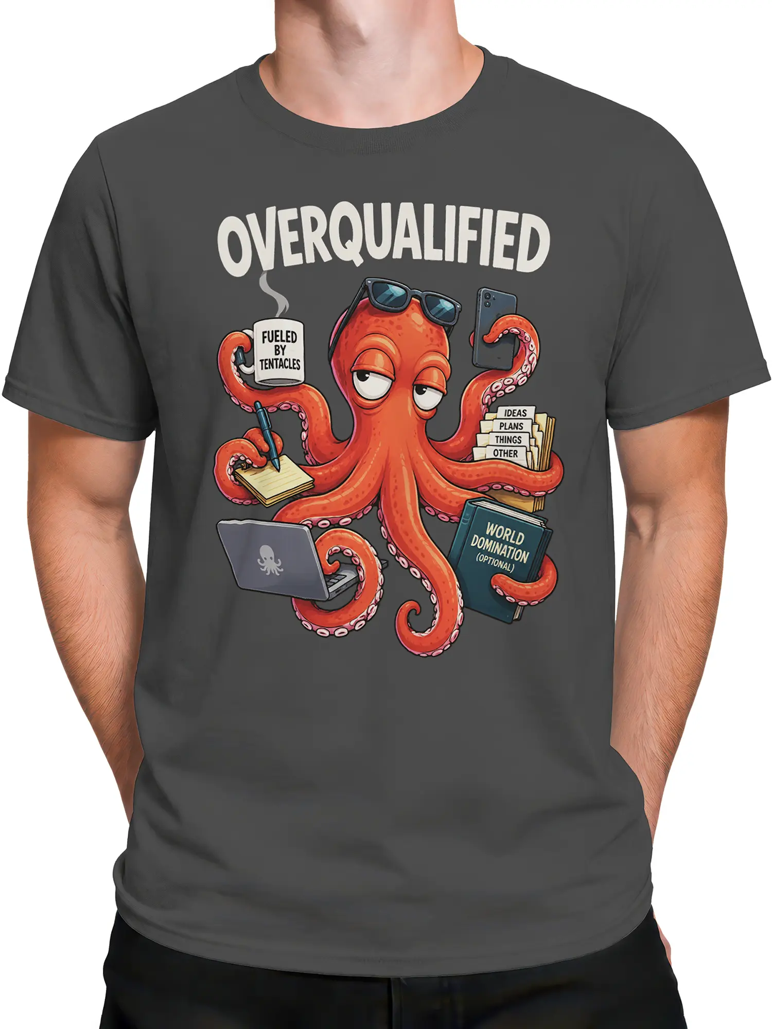 Male torso wearing a gray overqualified octopus graphic T-shirt with colorful tentacle artwork
