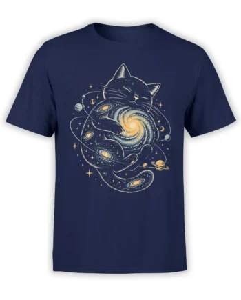 Cosmic black cat with galaxies, stars, and planets printed on a navy graphic T-shirt