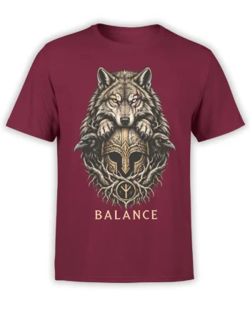 Wolf and raven graphic with warrior helmet and Balance text on a burgundy T-shirt