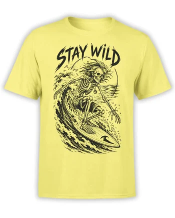 Yellow surfing T-shirt with a skeleton riding a breaking wave beneath bold STAY WILD lettering