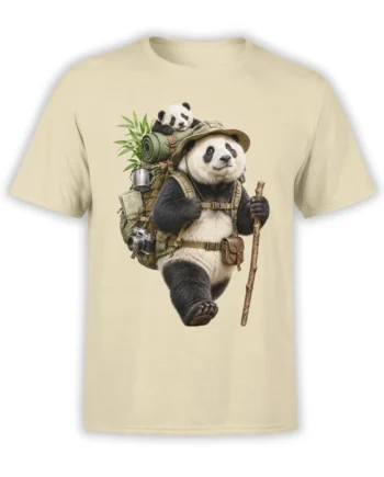 Beige panda explorer T-shirt with a geared-up panda, baby panda, backpack, camera, and walking stick