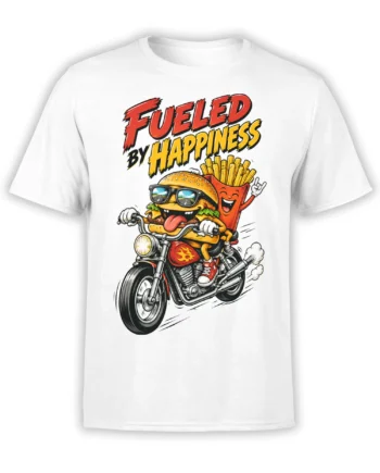White T-shirt with a cartoon burger and fries riding a motorcycle under “Fueled by Happiness” text