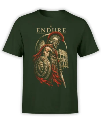 Dark green Roman warrior T-shirt with red cape, lion shield, arena, and ENDURE lettering