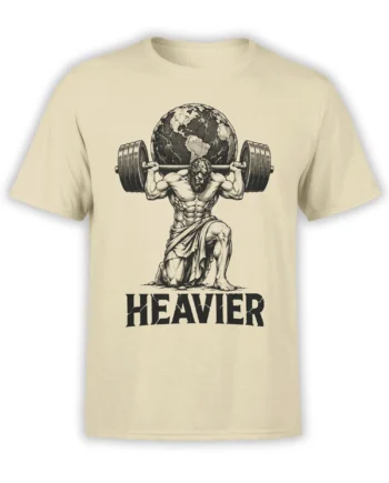 Beige weightlifting T-shirt with a muscular classical figure, globe, barbell, and HEAVIER lettering