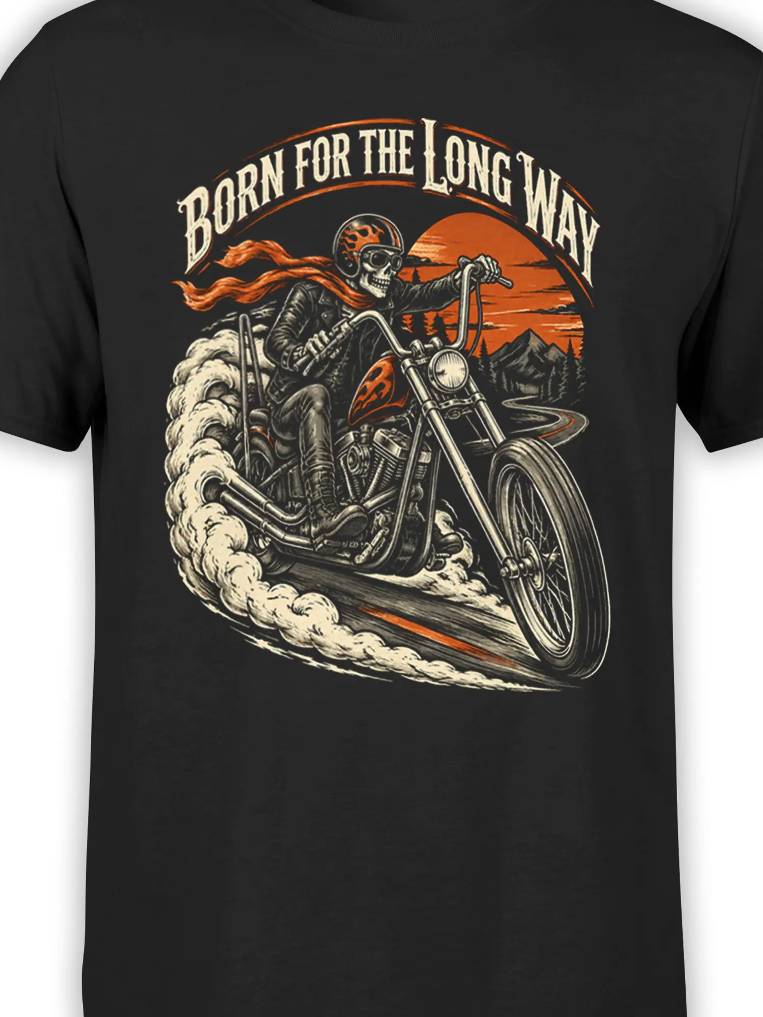 Close-up of the vintage skeleton biker motorcycle graphic with orange sunset details on a black T-shirt