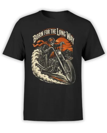 Black motorcycle T-shirt with a vintage skeleton biker riding through a desert sunset landscape and winding mountain road