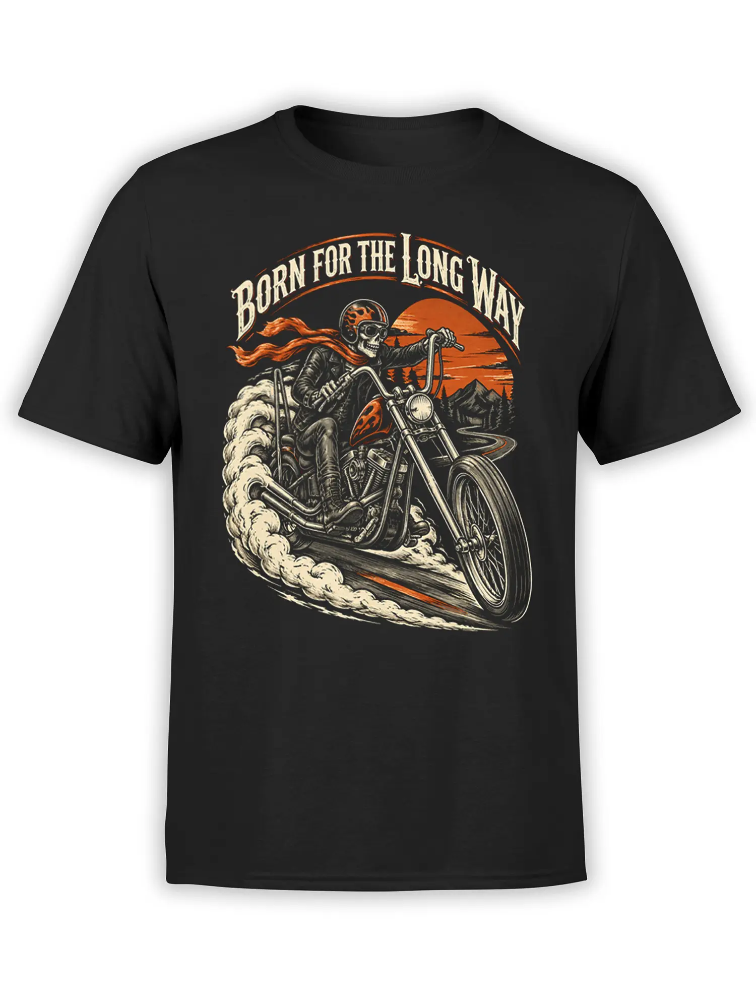 Black motorcycle T-shirt with a vintage skeleton biker riding through a desert sunset landscape and winding mountain road