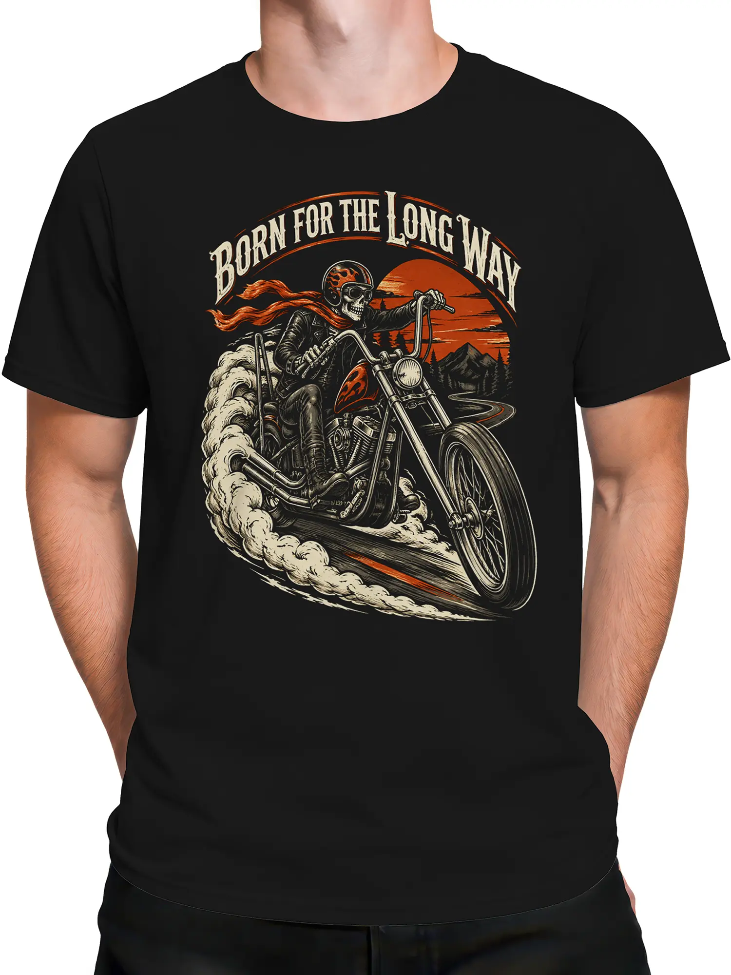 Male torso wearing a black motorcycle T-shirt with a vintage skeleton biker riding through a desert sunset landscape