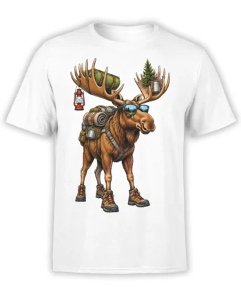 White T-shirt with a detailed hiking moose wearing sunglasses, boots, and a loaded camping backpack