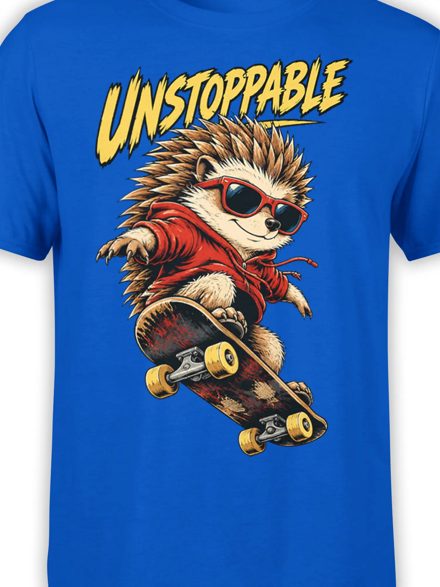 Close-up of the unstoppable hedgehog skateboard graphic with sunglasses, red hoodie, and yellow lettering on blue fabric