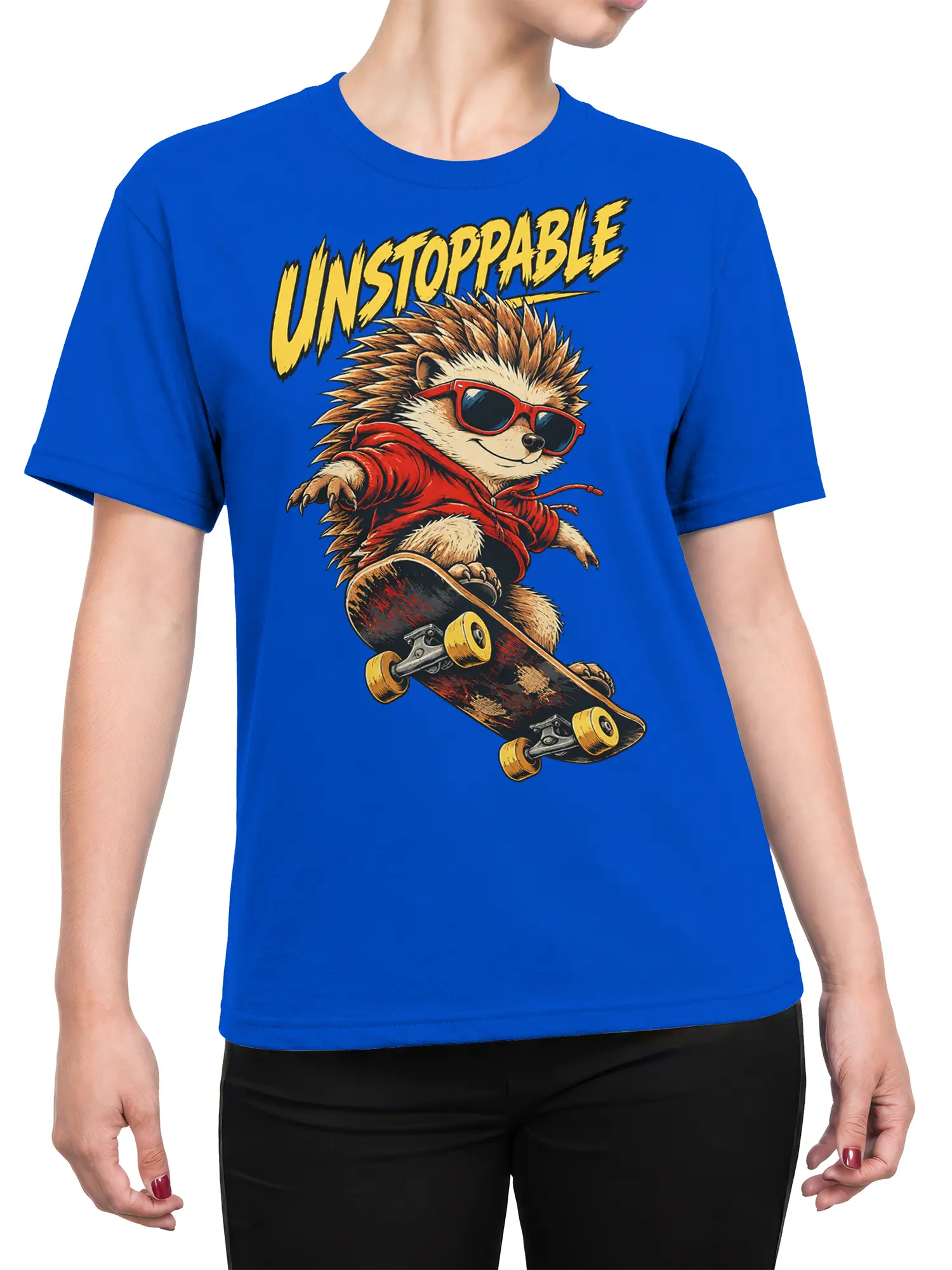 Female torso wearing a blue T-shirt with an unstoppable hedgehog skateboard graphic and bold yellow lettering