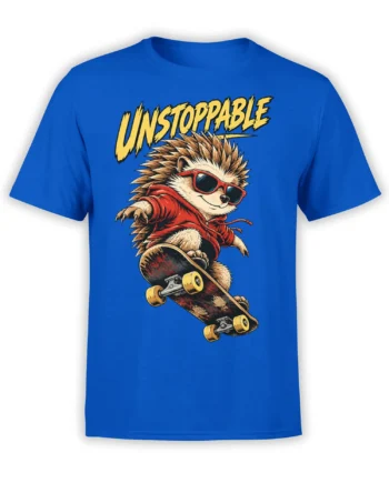 Blue T-shirt with an unstoppable hedgehog in sunglasses and a red hoodie riding a skateboard