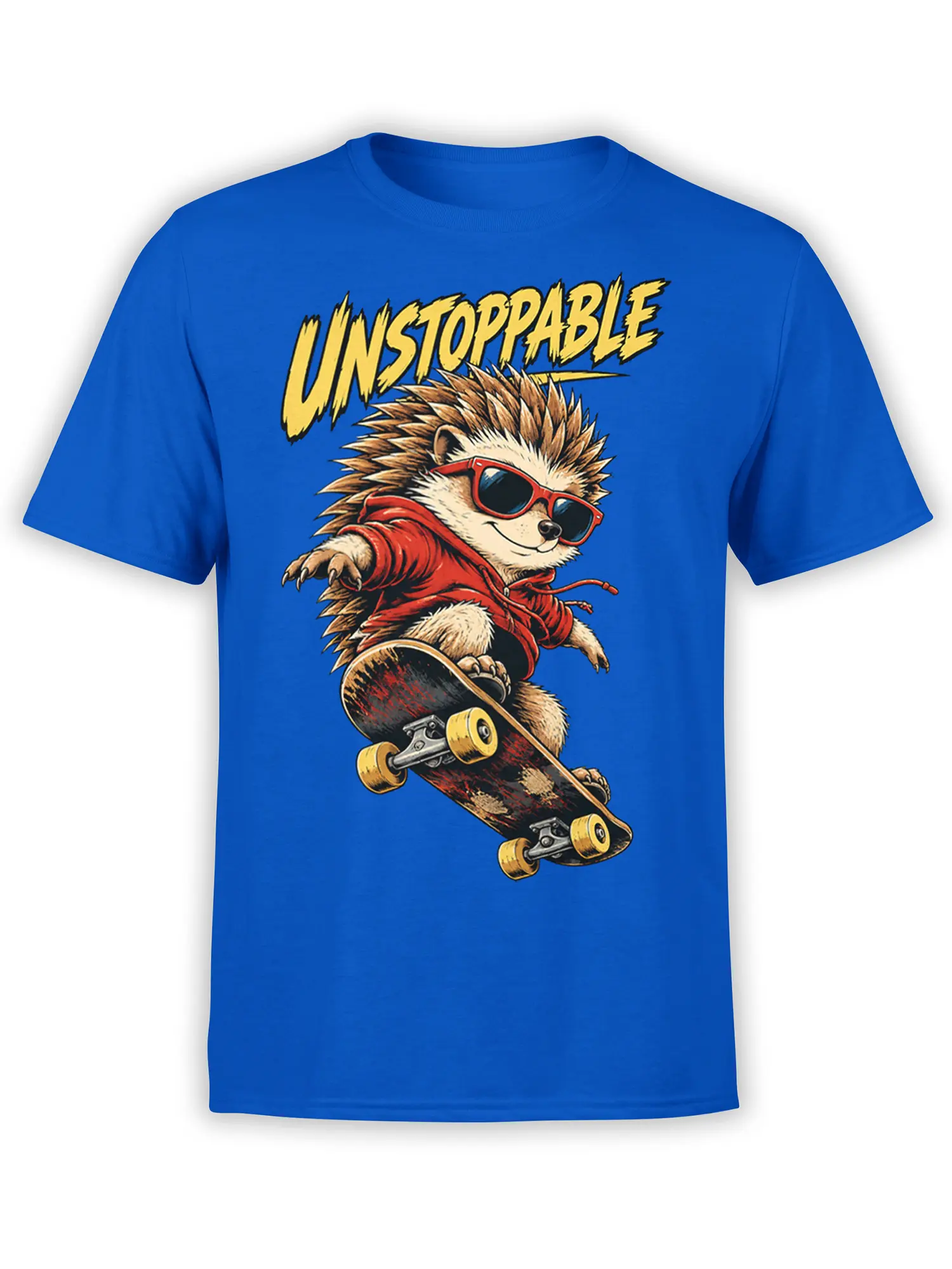 Blue T-shirt with an unstoppable hedgehog in sunglasses and a red hoodie riding a skateboard