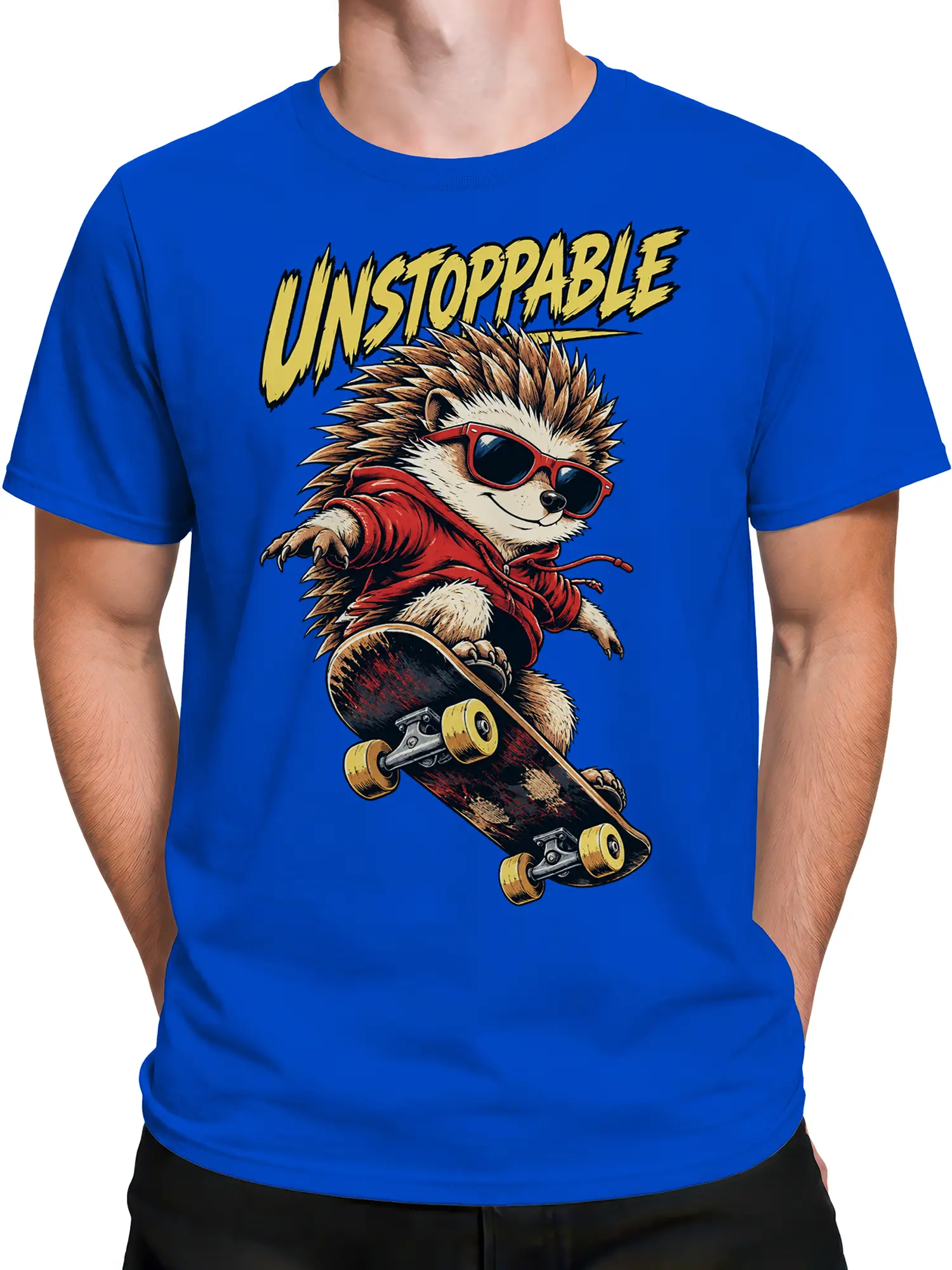 Male torso wearing a blue T-shirt with a sunglasses-wearing hedgehog on a skateboard