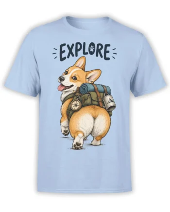 Light blue T-shirt with a cheerful corgi carrying hiking gear beneath bold Explore lettering