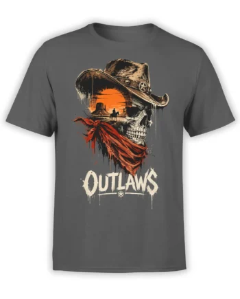 Gray western T-shirt with a weathered skull, cowboy hat, red bandana, desert sunset, and OUTLAWS graphic