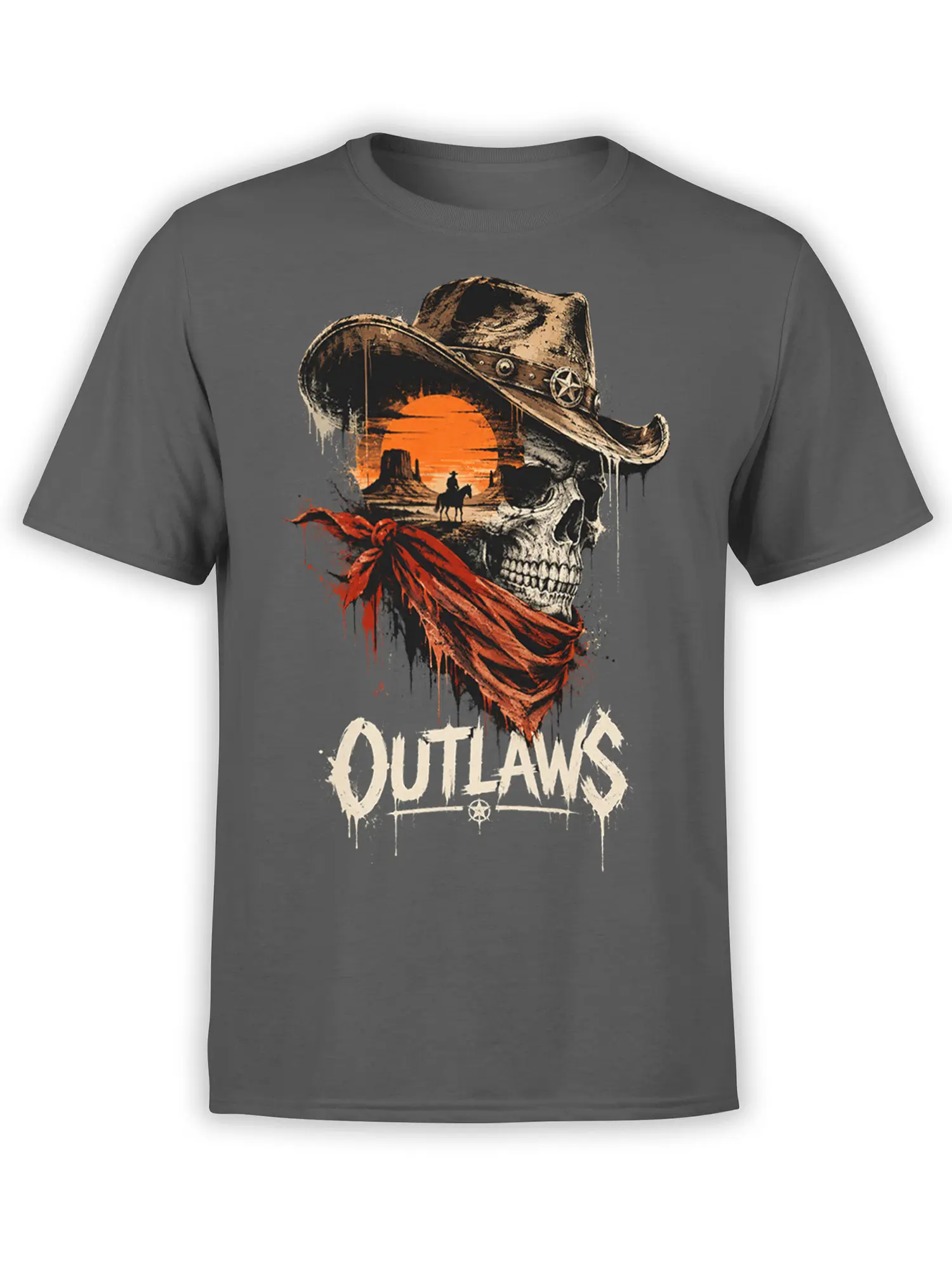 Gray western T-shirt with a weathered skull, cowboy hat, red bandana, desert sunset, and OUTLAWS graphic