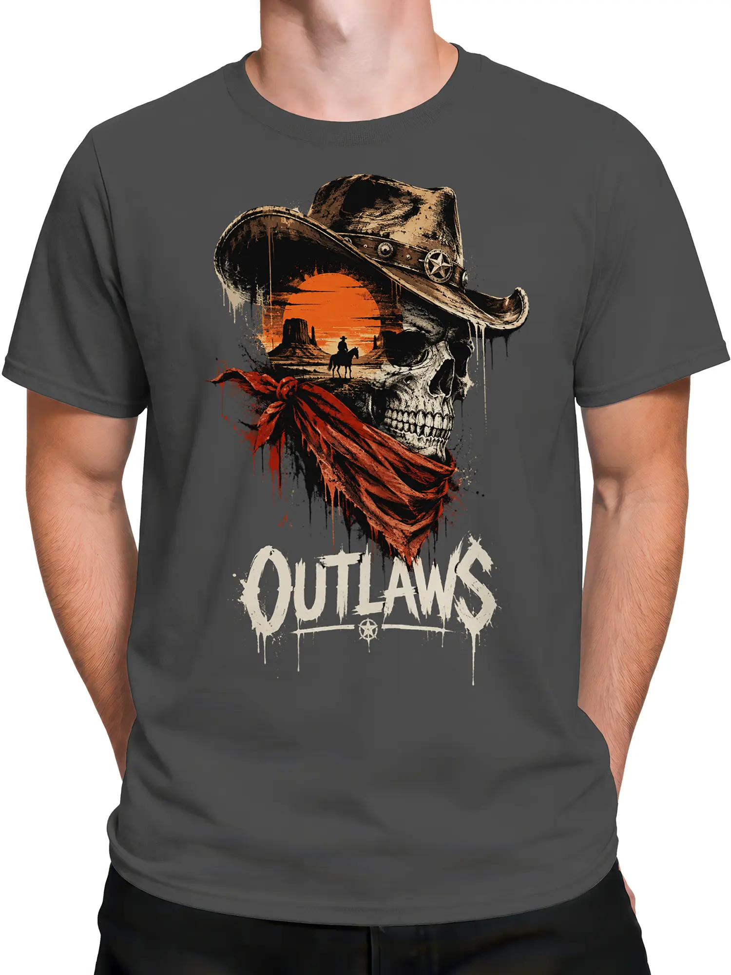Male torso wearing a gray western T-shirt with a weathered skull and vintage desert outlaw graphic