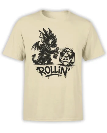 Cute black dragon spray painting beside a twenty-sided die on a beige ROLLIN graphic T-shirt
