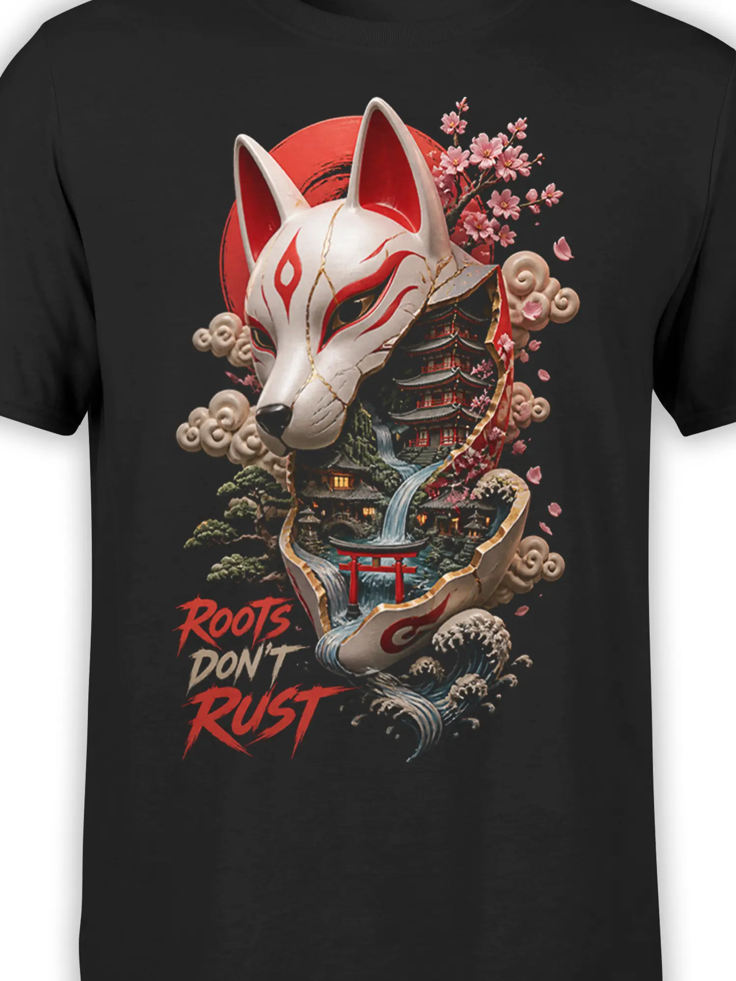 Close-up of the fox mask, cherry blossoms, pagoda, waterfall, waves, and Roots Don’t Rust artwork on black fabric