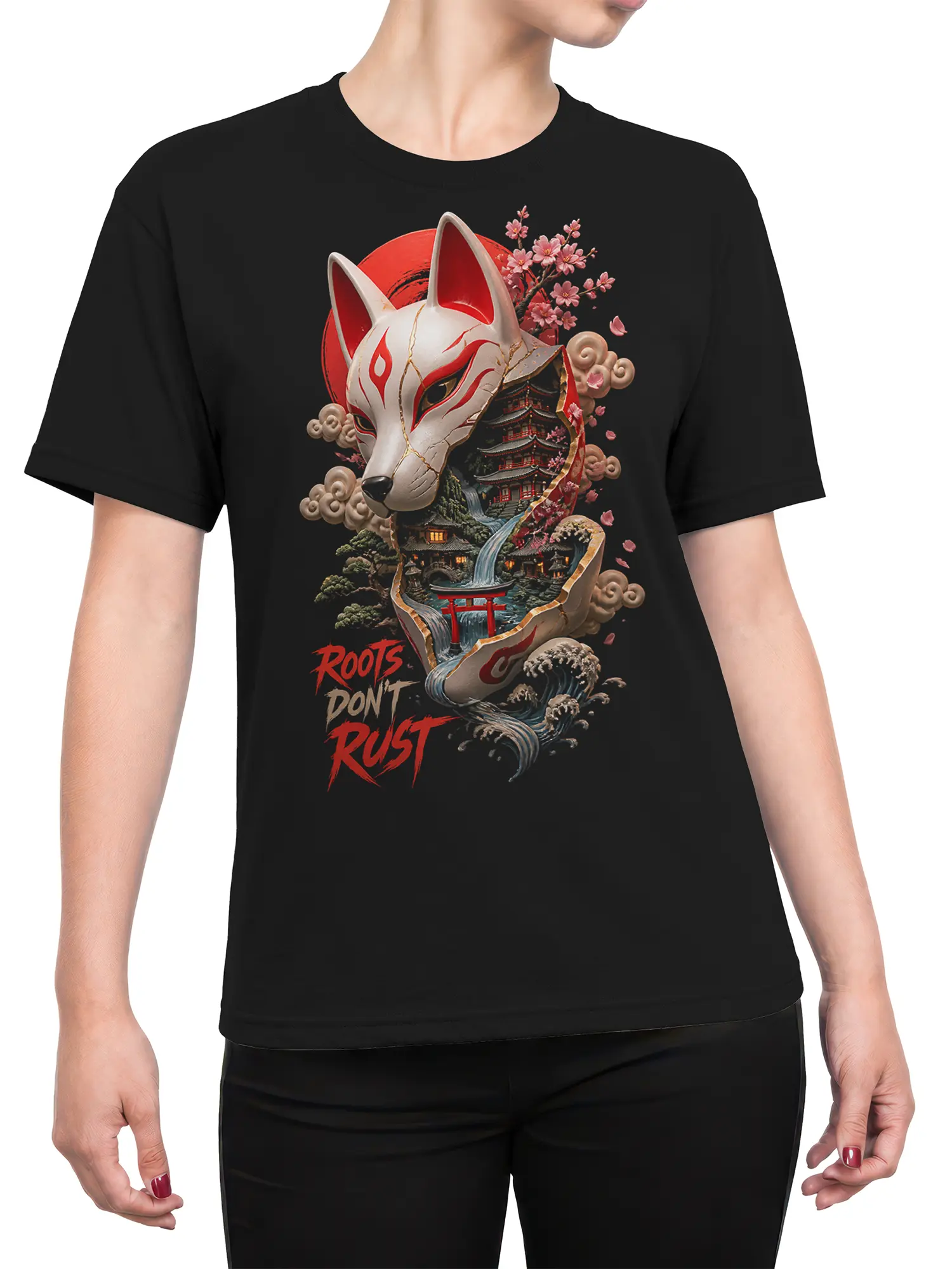 Female torso wearing a black fox mask T-shirt with cherry blossoms, Japanese landscape, waves, and Roots Don’t Rust text