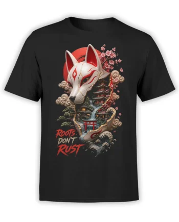 Black T-shirt with a Japanese-inspired fox mask, cherry blossoms, pagoda landscape, waves, and Roots Don’t Rust text