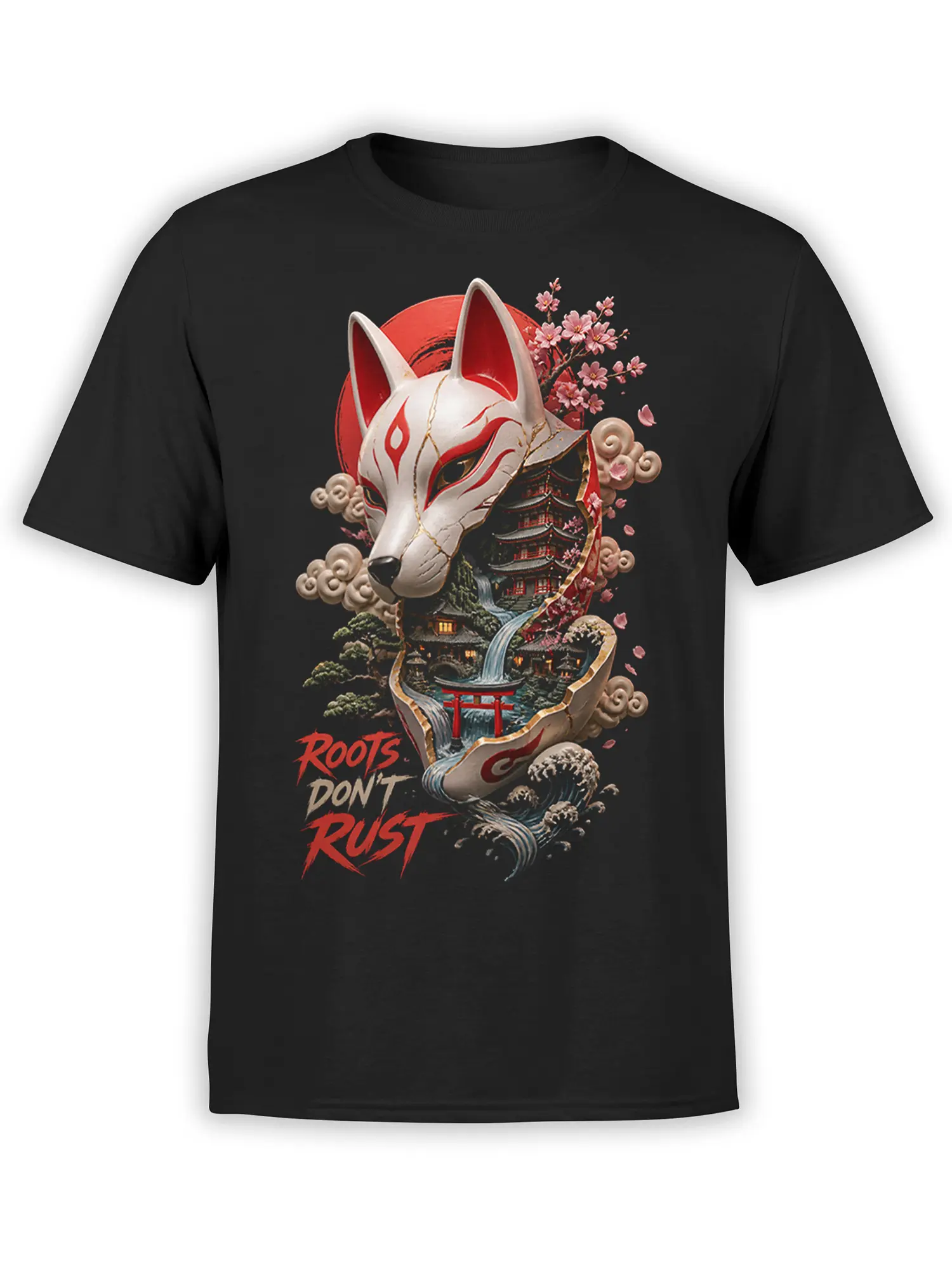 Black T-shirt with a Japanese-inspired fox mask, cherry blossoms, pagoda landscape, waves, and Roots Don’t Rust text