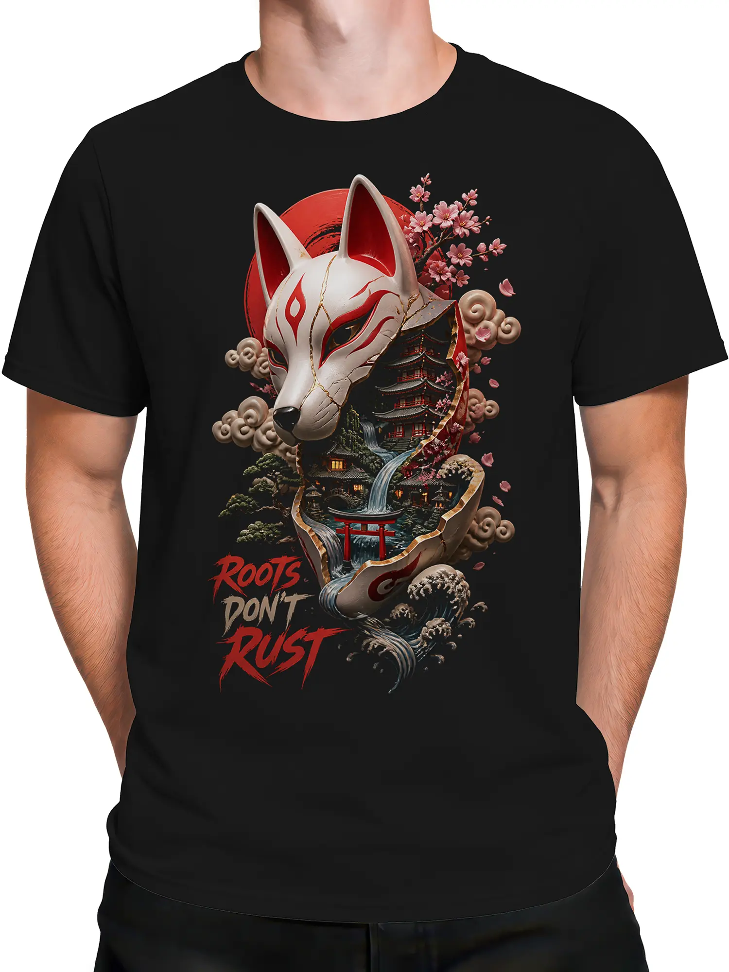 Male torso wearing a black Japanese-inspired fox mask T-shirt with cherry blossoms and Roots Don’t Rust artwork