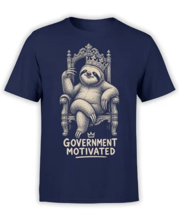 Crowned sloth sitting on an ornate throne with “Government Motivated” text on a navy T-shirt