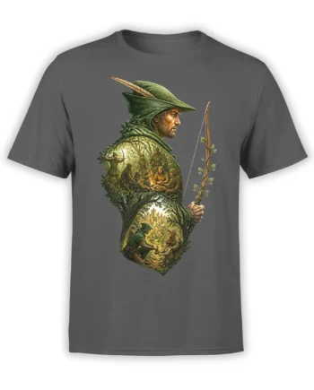 Gray T-shirt with a detailed hooded archer, drawn bow, campfire companions, woodland scenes, and a distant castle