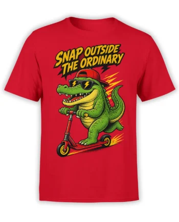 Red crocodile t-shirt with sunglasses, red cap, scooter, lightning accents, and Snap Outside the Ordinary text