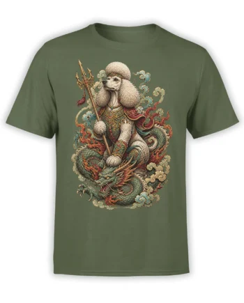 Regal poodle warrior with spear and green dragon printed on a green T-shirt