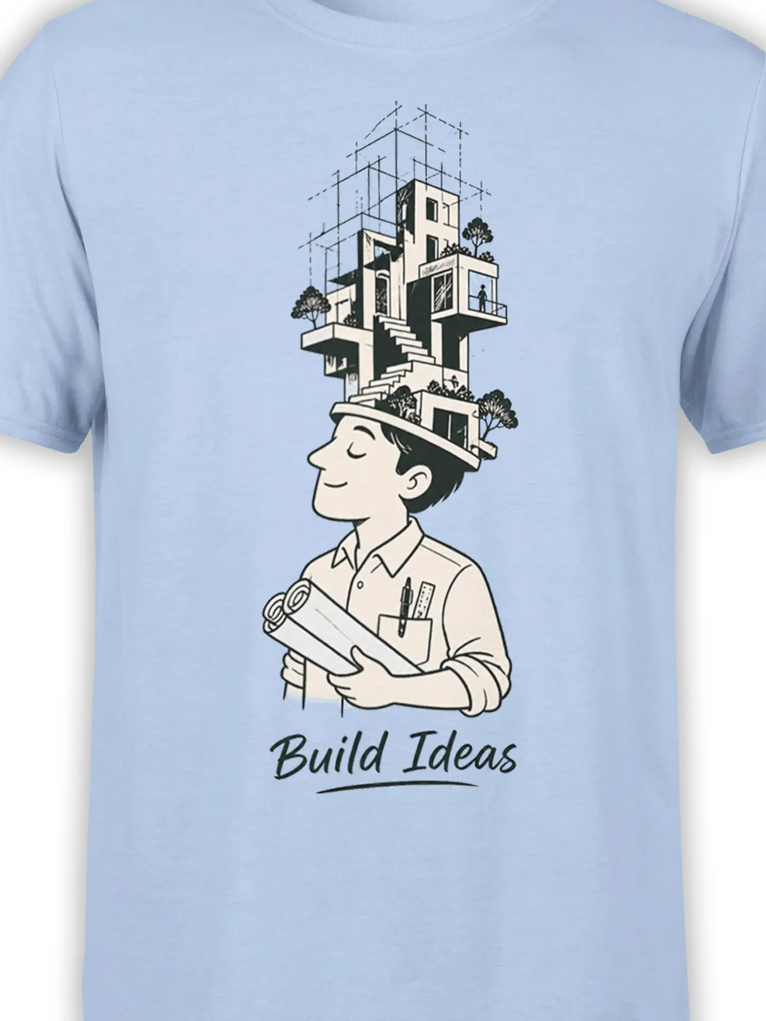 Close-up of light blue architect shirt design with rolled plans, modern building, and Build Ideas lettering