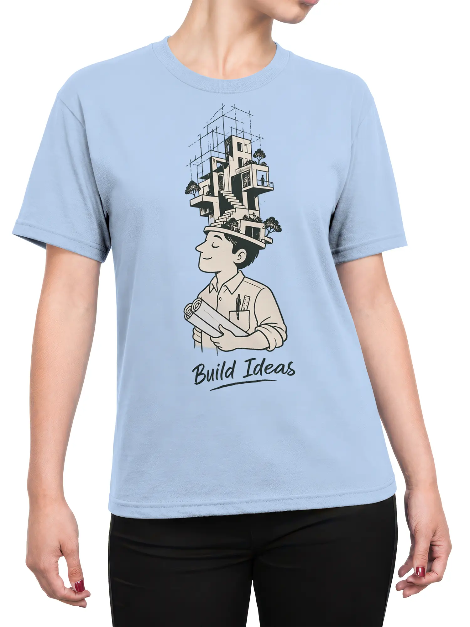 Female torso wearing a light blue architect T-shirt with a modern building and Build Ideas artwork