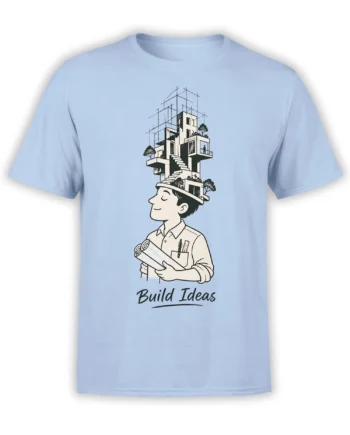 Light blue architect T-shirt with a person holding plans and a modern building design above his head