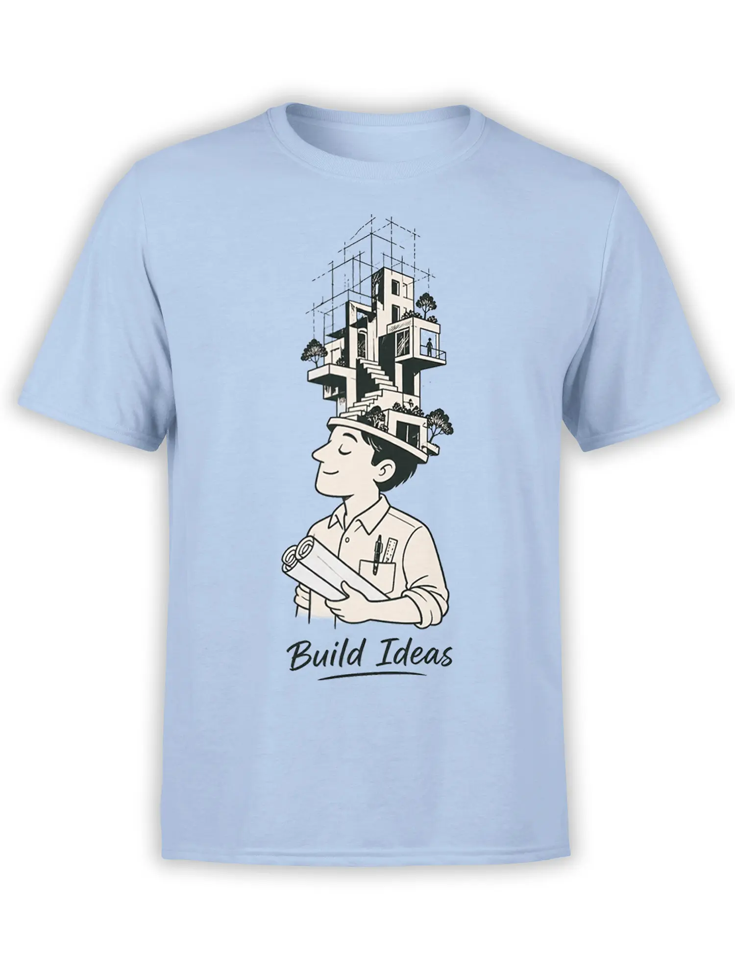 Light blue architect T-shirt with a person holding plans and a modern building design above his head