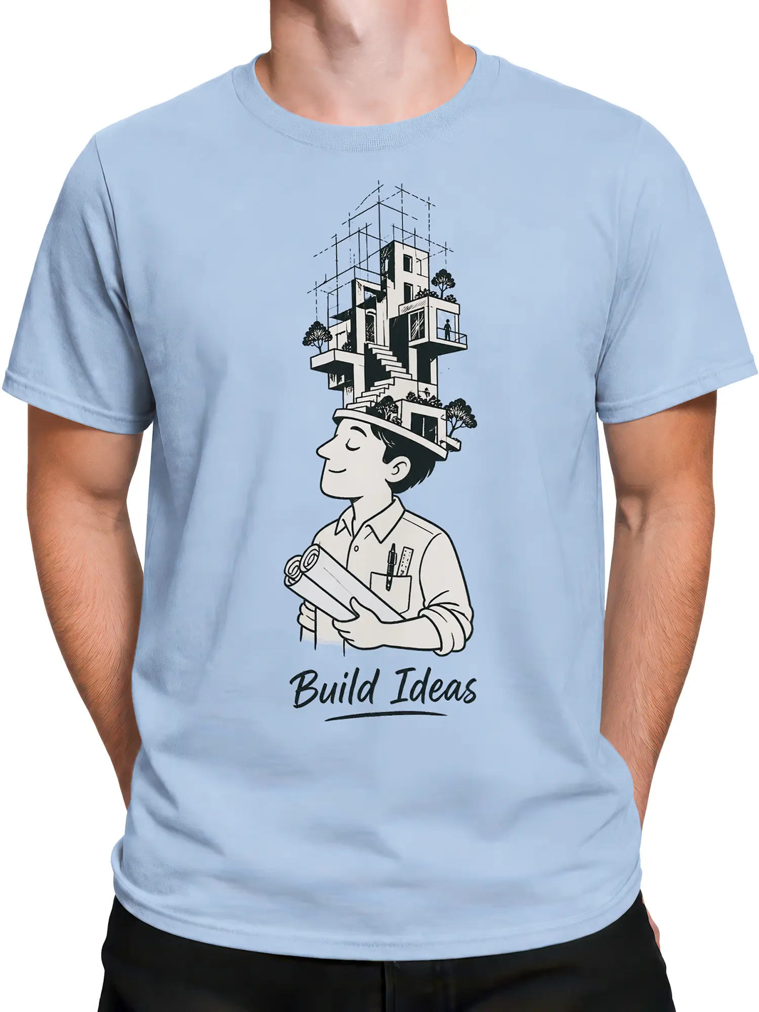 Male torso wearing a light blue architect T-shirt with building plans and Build Ideas graphic