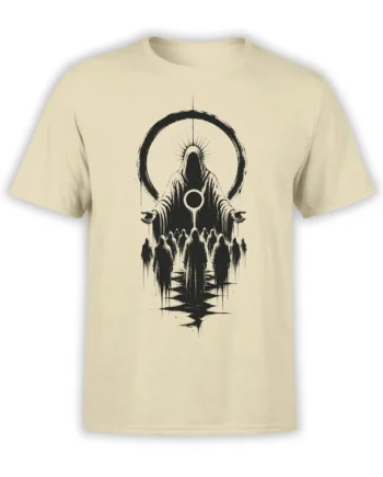 Beige gothic T-shirt with a faceless hooded figure, black halo, and shadowy crowd artwork