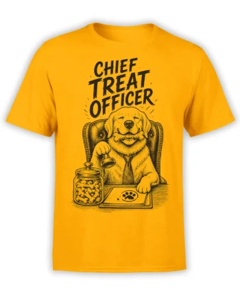 Yellow dog T-shirt with a suited dog, treat jar, service bell, and Chief Treat Officer lettering