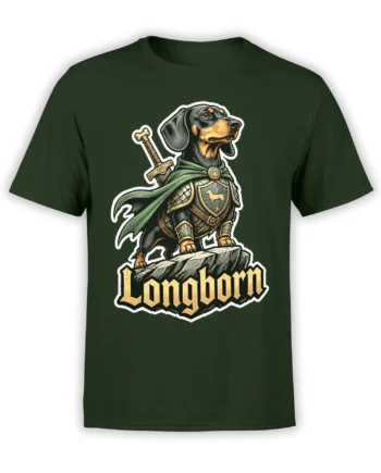 Armored black-and-tan hound dog with sword and cape on a dark green graphic T-shirt