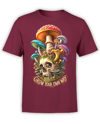 Colorful mushroom skull graphic with “Grow Your Own Way” text on a burgundy T-shirt