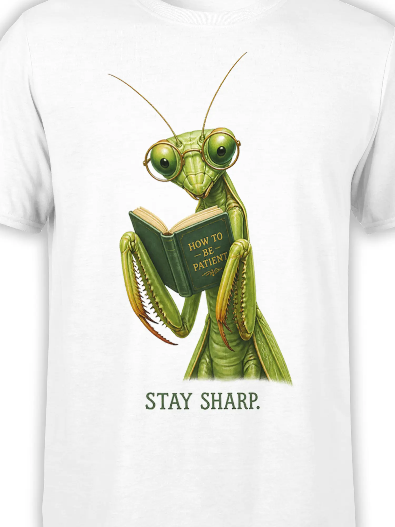 Close-up of green praying mantis glasses and patience book printed on a white graphic T-shirt