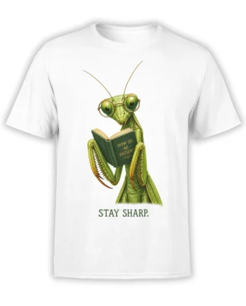 White T-shirt with a green praying mantis in glasses reading a patience book and the words Stay Sharp