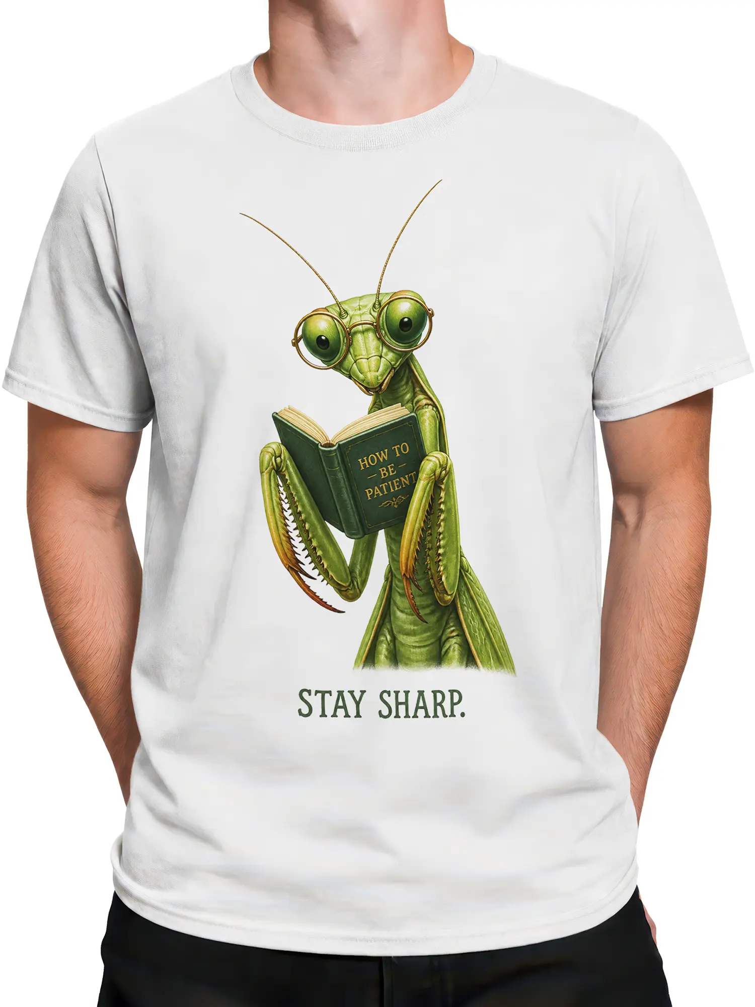 Male torso wearing a white praying mantis T-shirt with a green bookish insect illustration