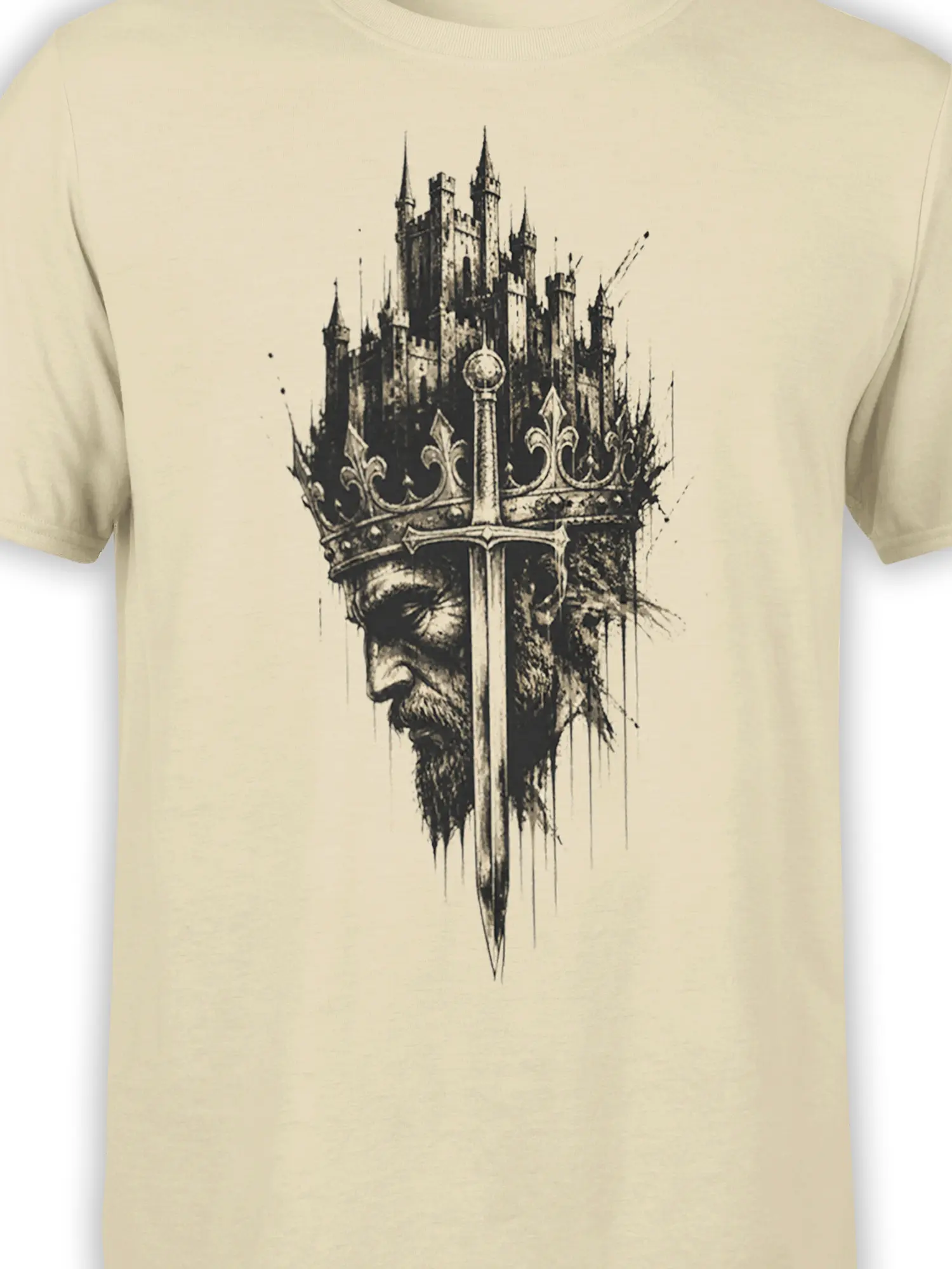 Close-up of crowned bearded king and castle sword artwork on a beige medieval graphic tee