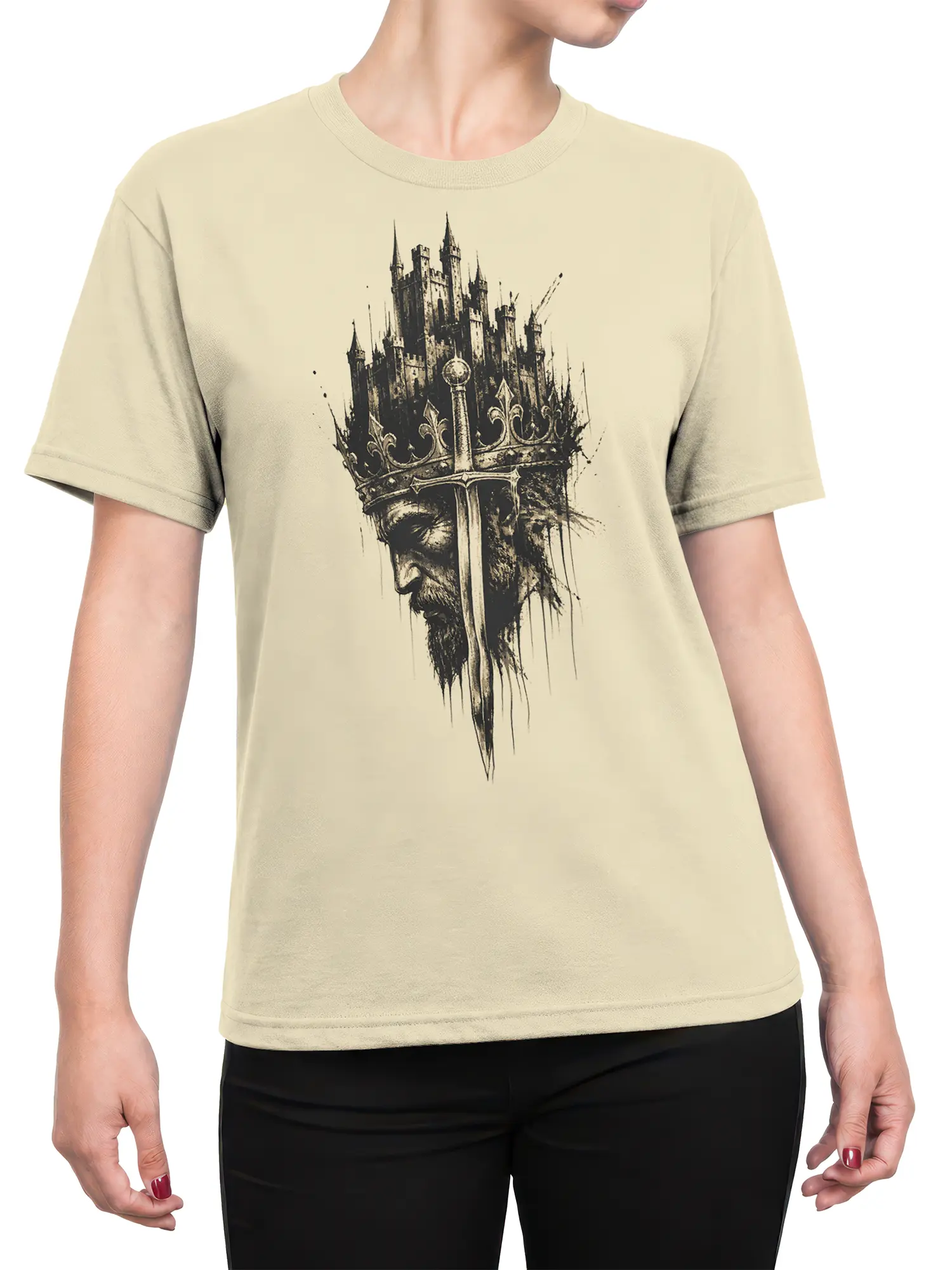 Female torso wearing a beige medieval graphic tee with crowned king and castle sword design