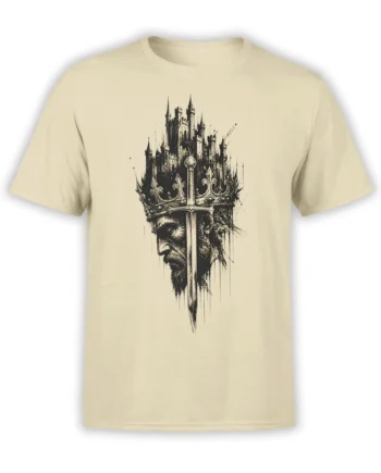 Beige medieval t-shirt with a dark crowned king, castle towers, and central sword graphic