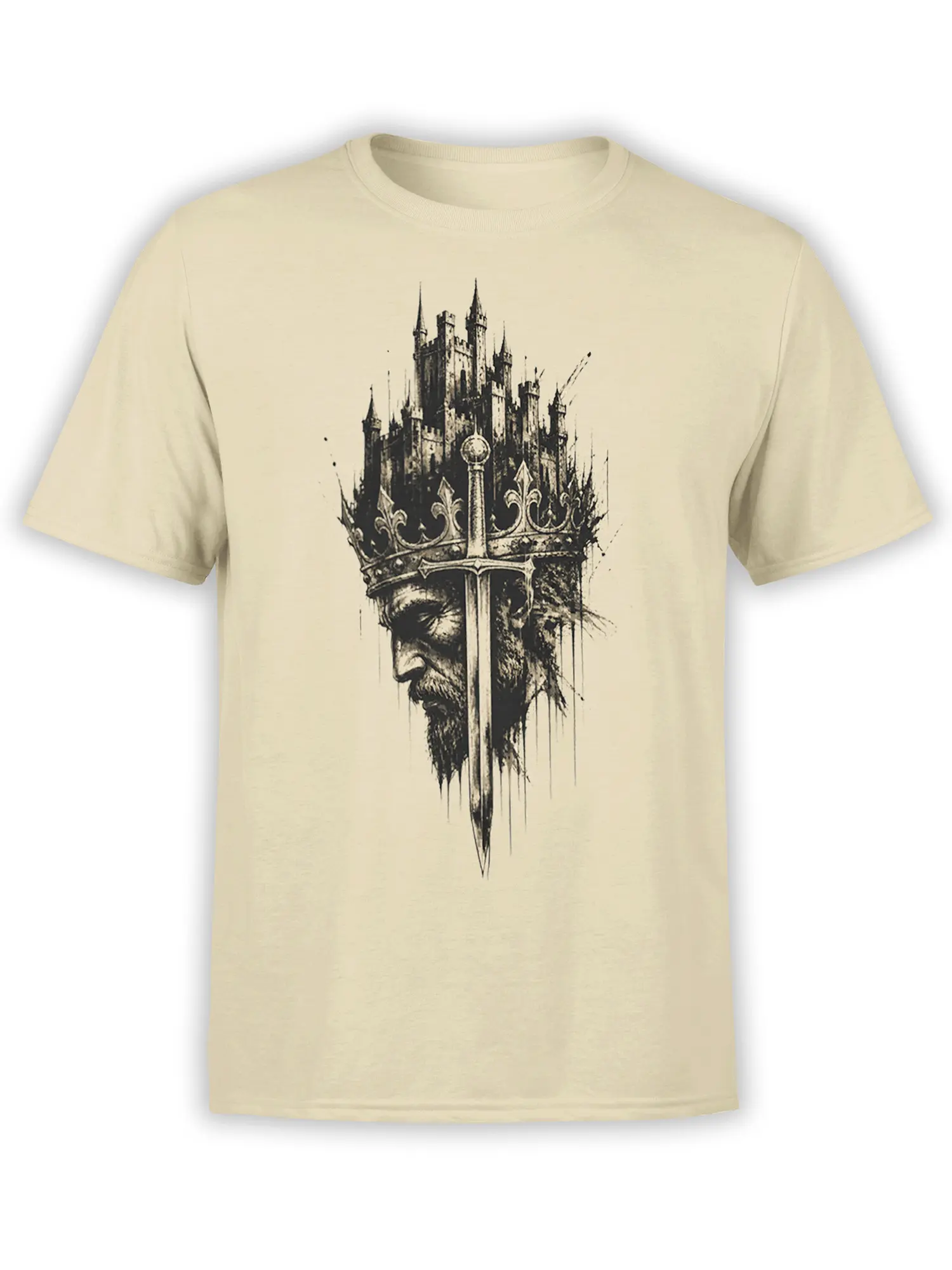 Beige medieval t-shirt with a dark crowned king, castle towers, and central sword graphic