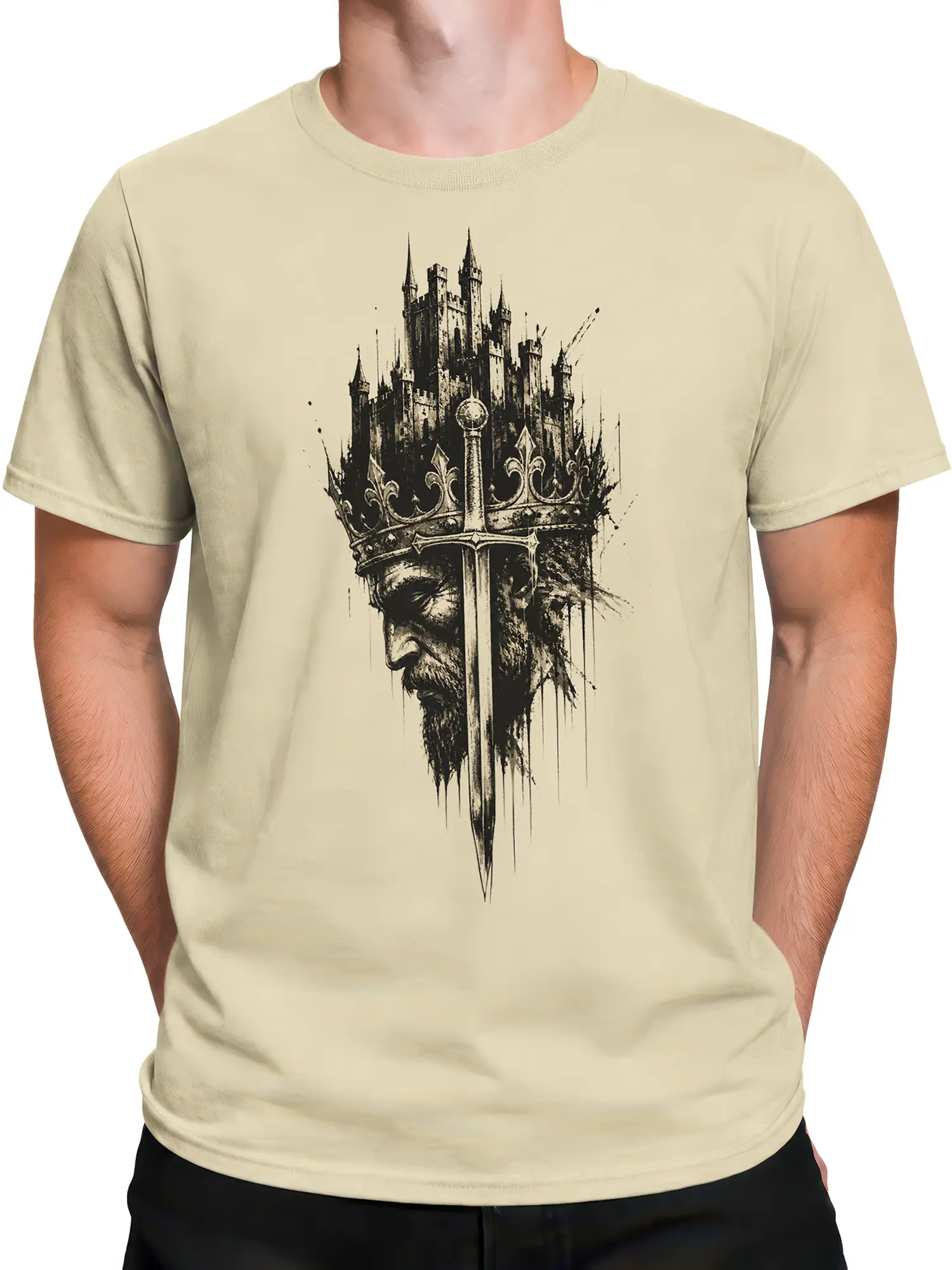 Male torso wearing a beige medieval t-shirt with crowned king and castle artwork